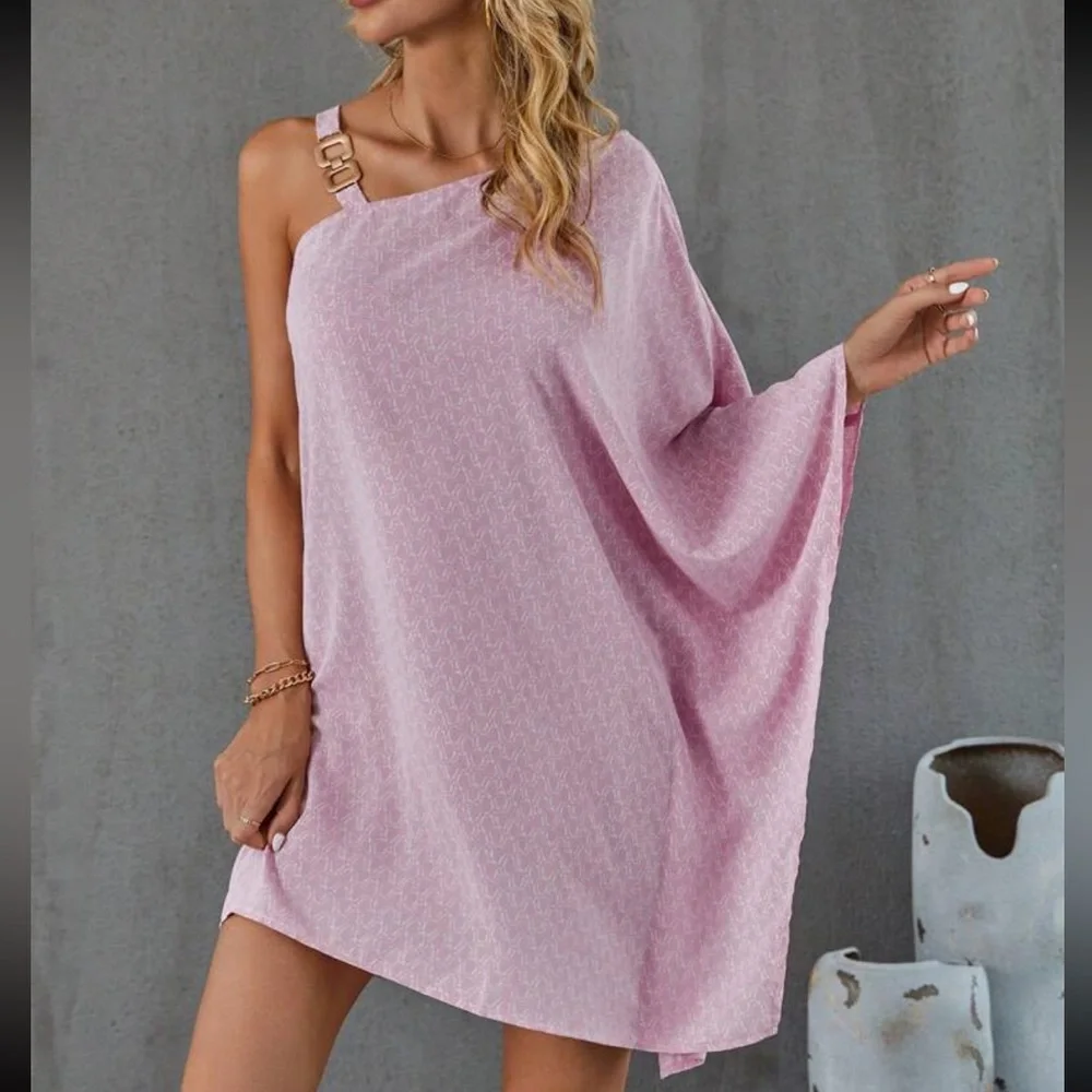 Boho chain strap one shoulder batwing sleeve  mini dress
